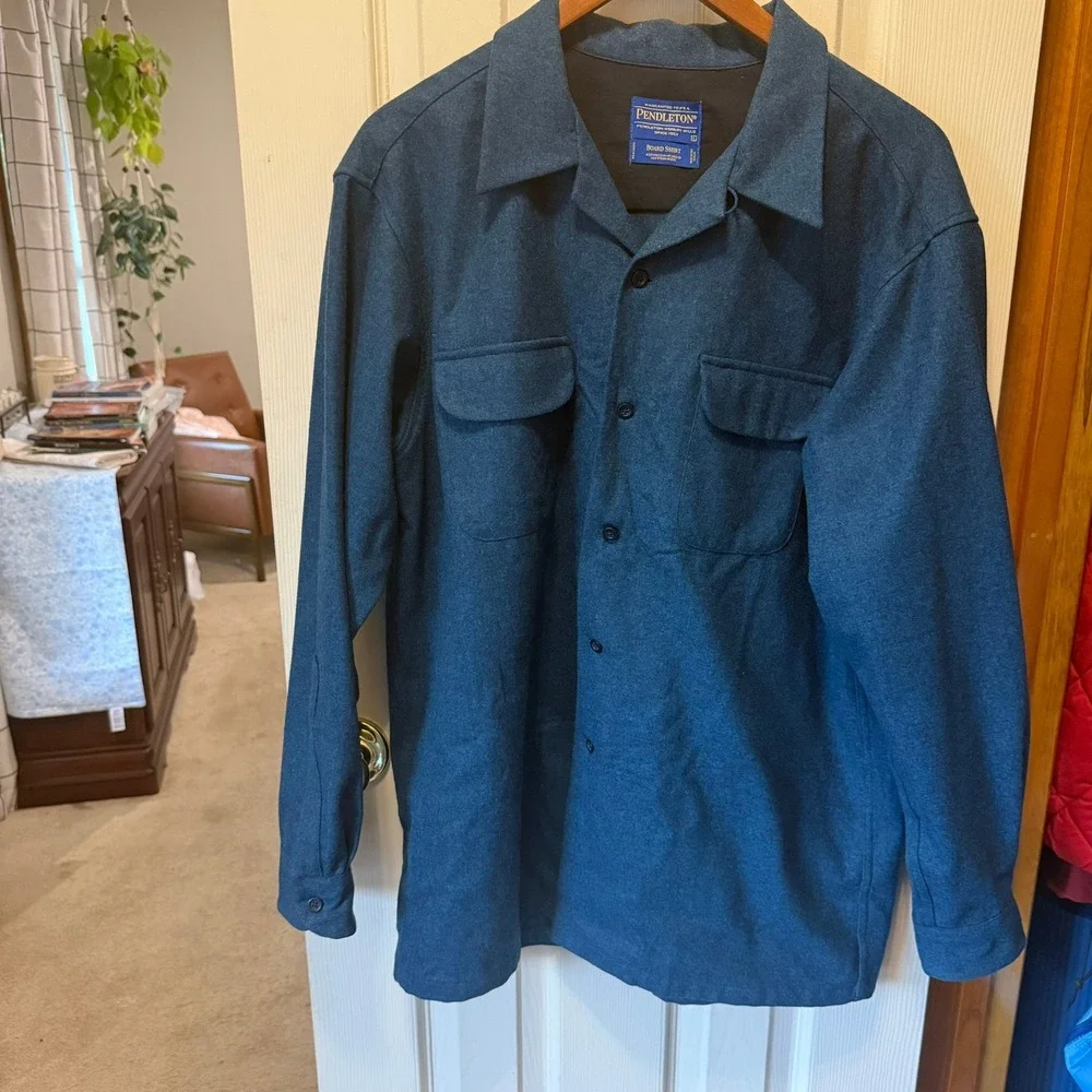 VNTG Pendleton Men L Blue Solid Wool Original Board Shirt Flannel Button Up Fall - Picture 3 of 14